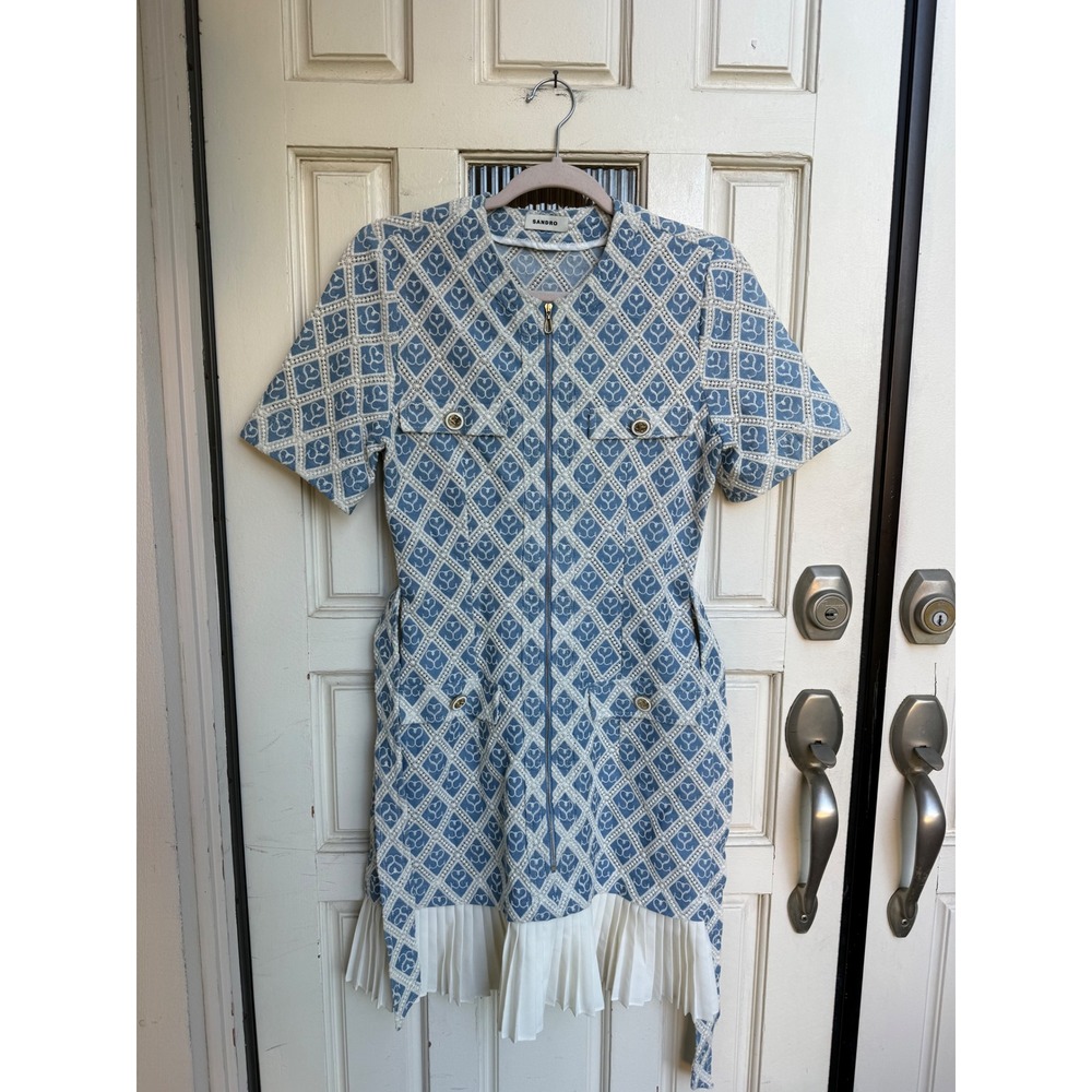 Sandro Blue White Heart Logo Jacquard Zip Front Pleated Mini Dress Size 38/M - Picture 2 of 13